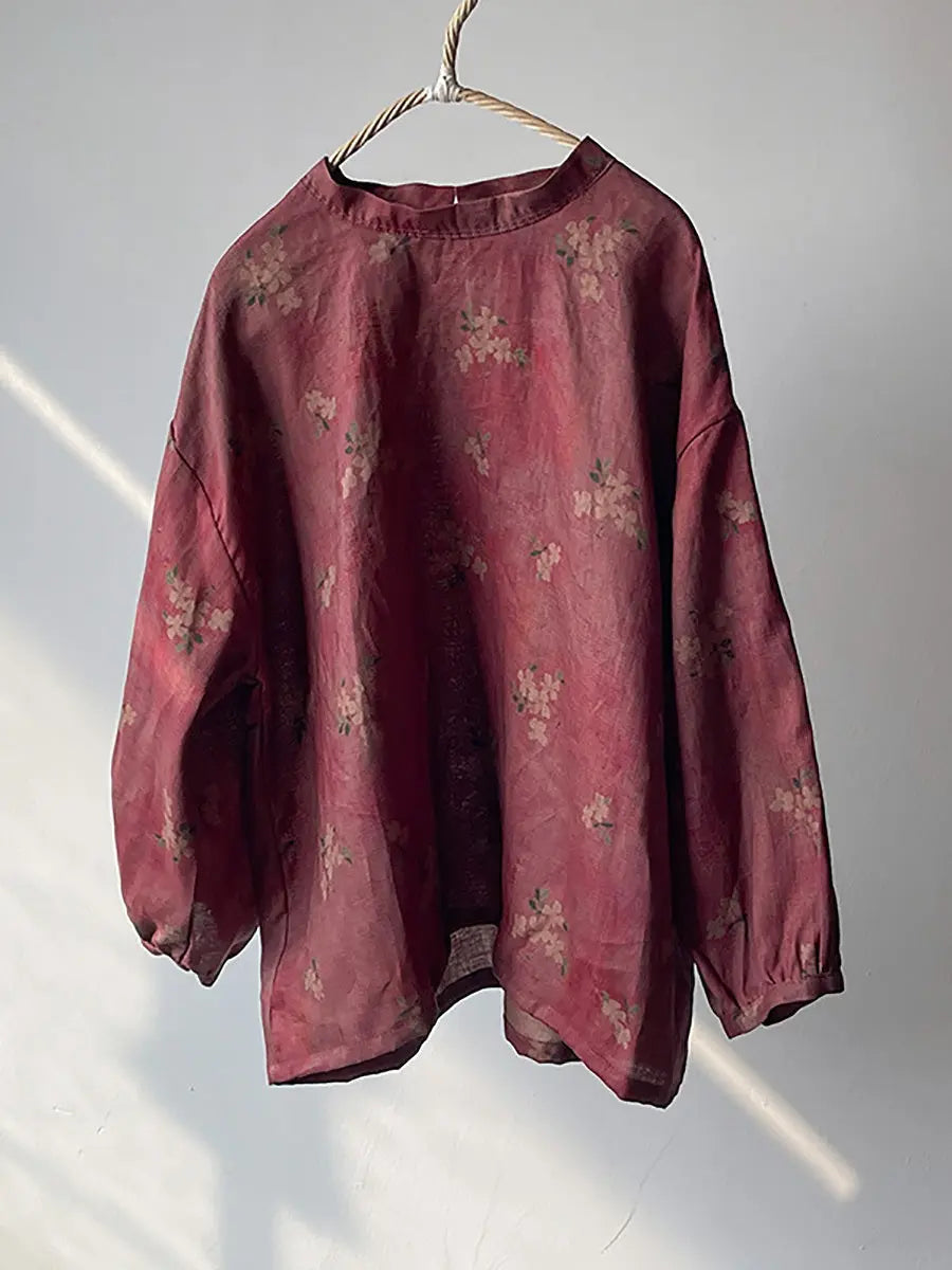 Women Vintage Floral Loose Spring Linen Shirt Ada Fashion