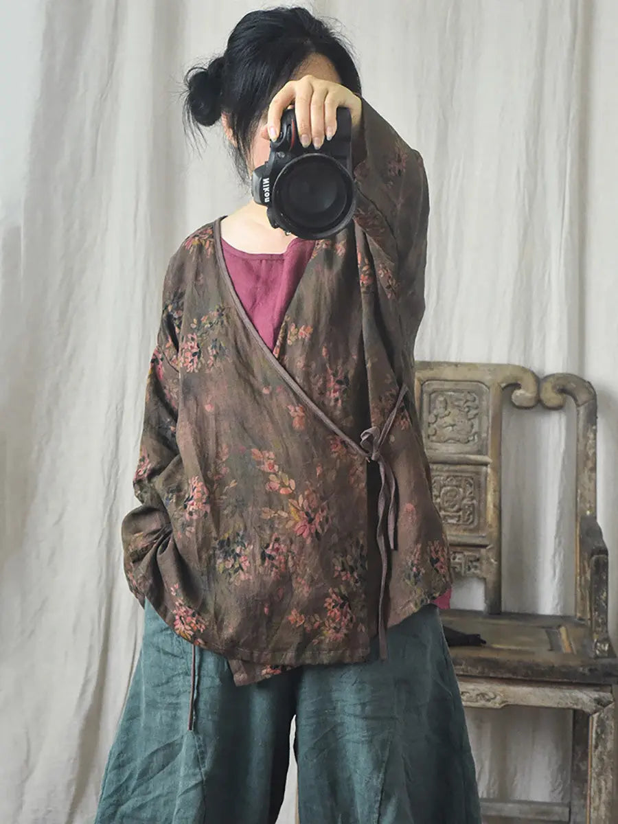 Women Vintage Floral Print Spring Slant-Closure Coat Ada Fashion