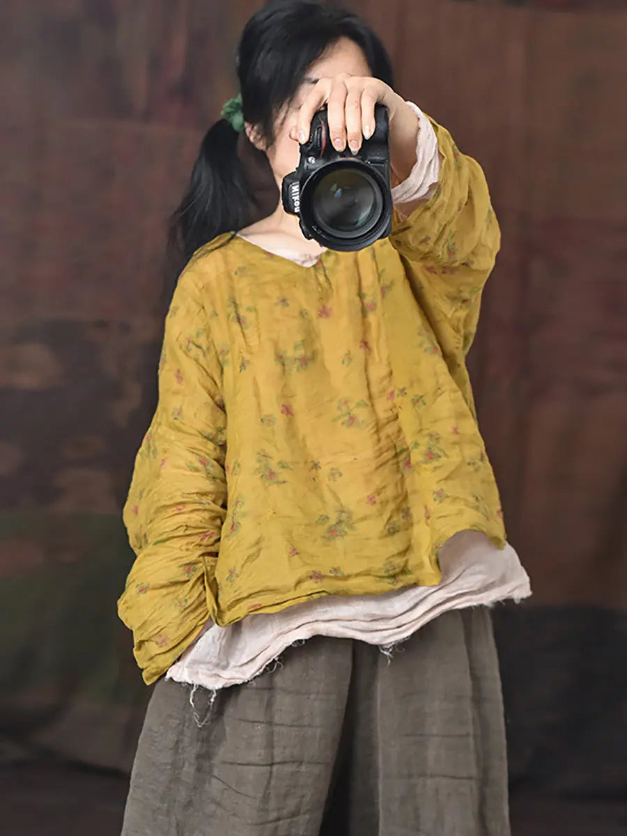 Women Vintage Floral Print V-Neck Ramie Shirt Ada Fashion