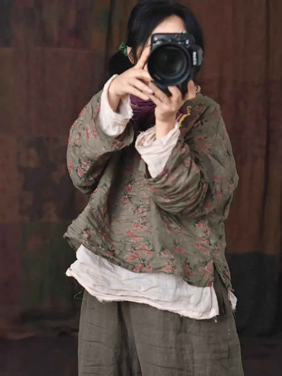 Women Vintage Floral Print V-Neck Ramie Shirt Ada Fashion