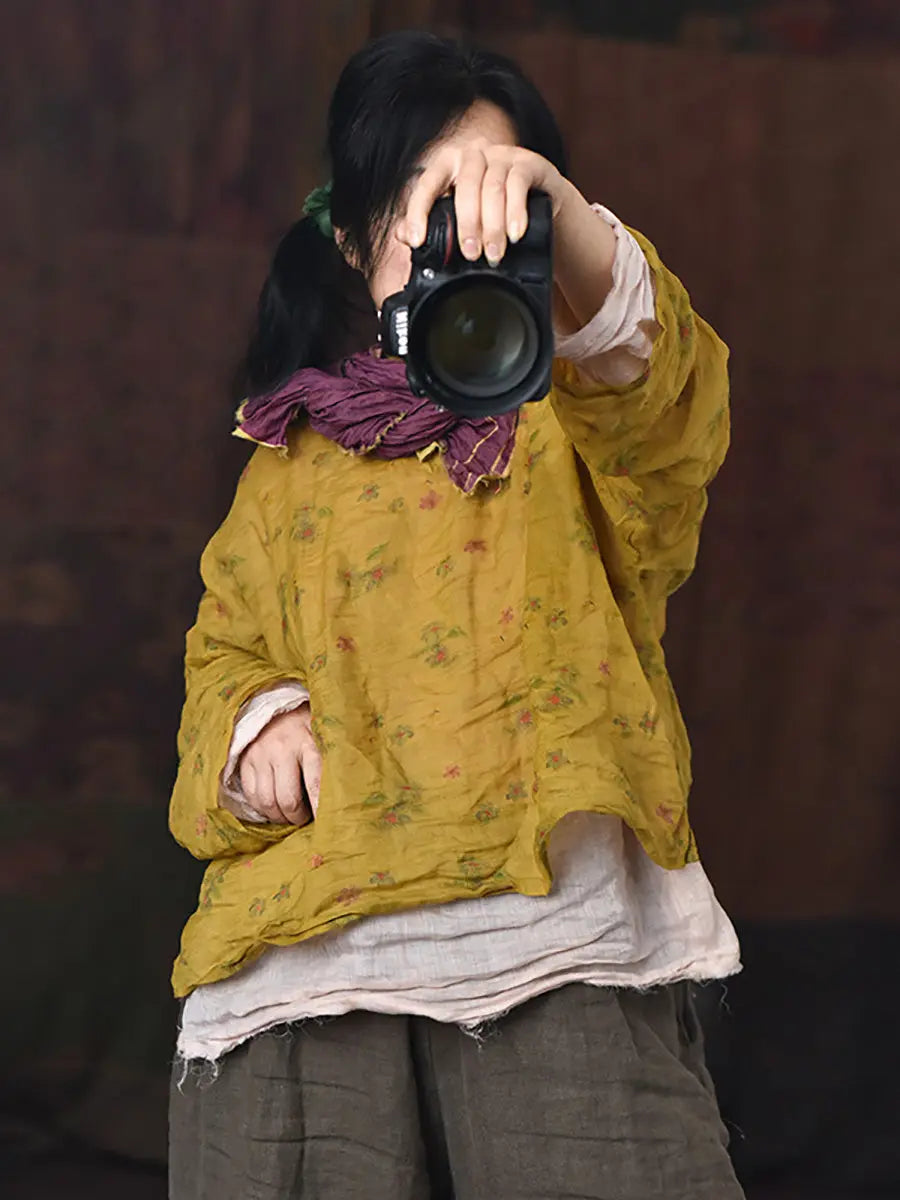 Women Vintage Floral Print V-Neck Ramie Shirt Ada Fashion