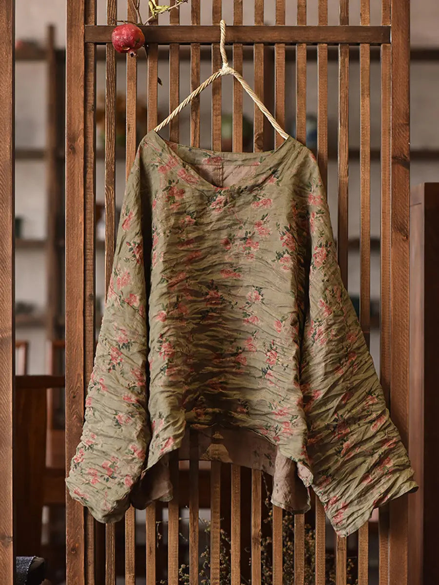 Women Vintage Floral Print V-Neck Ramie Shirt Ada Fashion