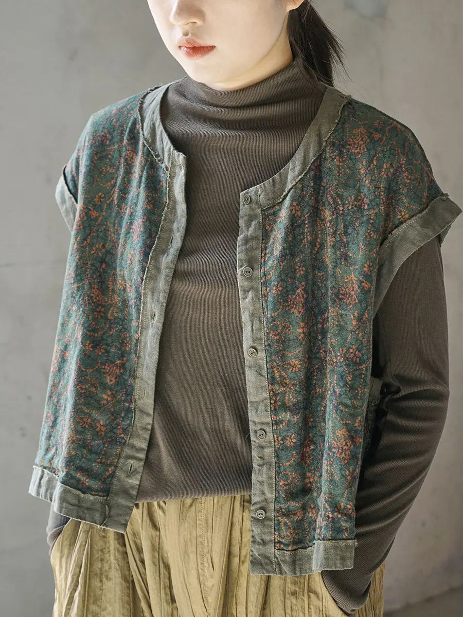 Women Vintage Floral Spliced Spring Cotton Vest Ada Fashion