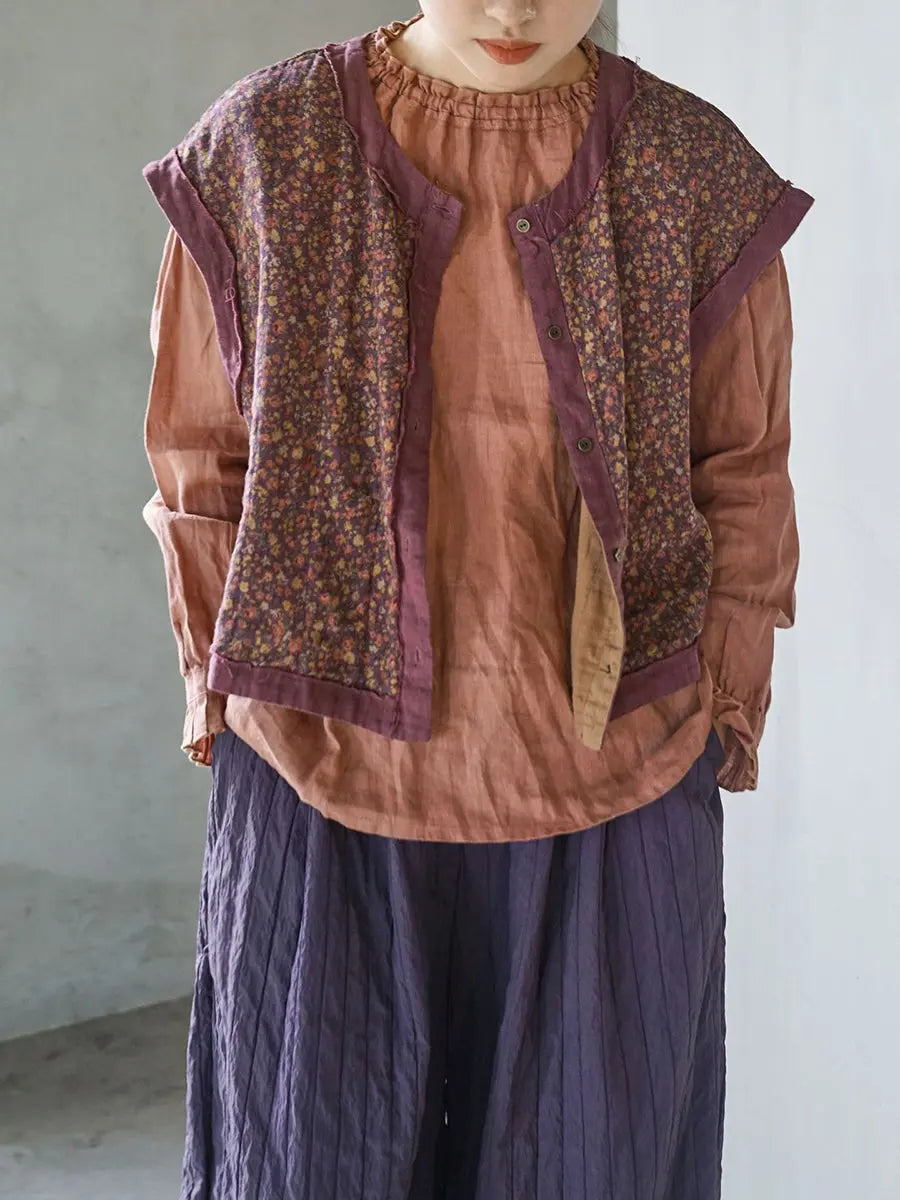 Women Vintage Floral Spliced Spring Cotton Vest Ada Fashion