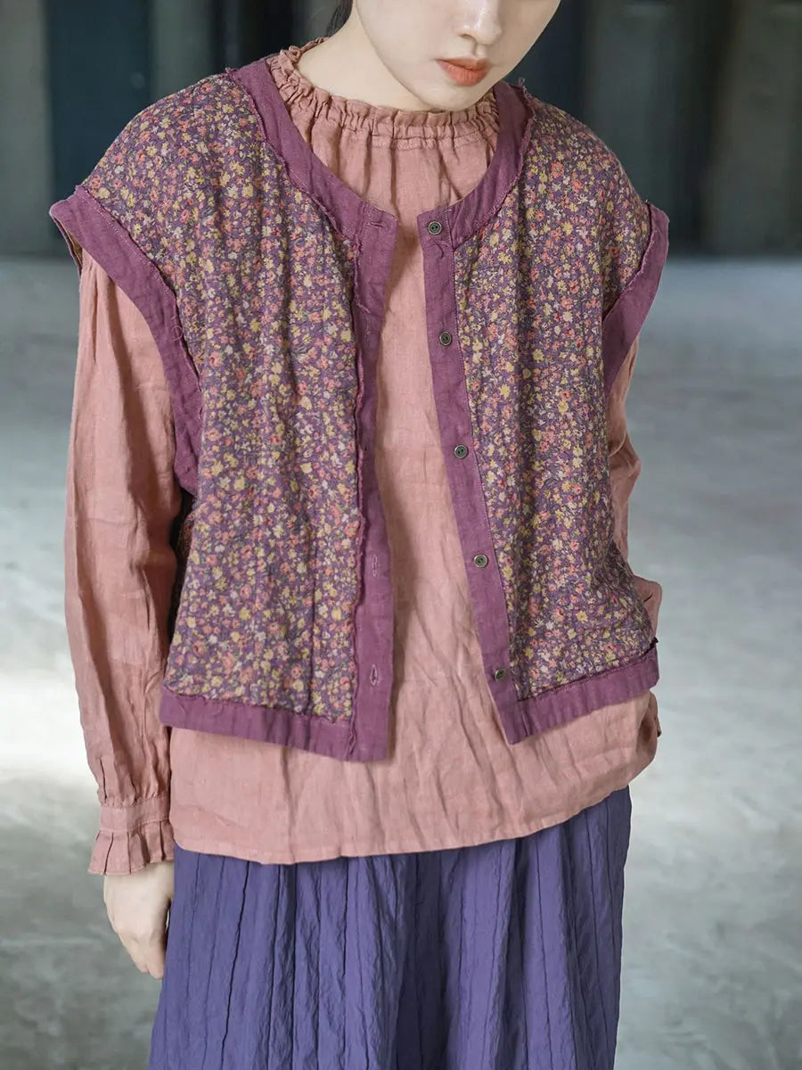 Women Vintage Floral Spliced Spring Cotton Vest Ada Fashion