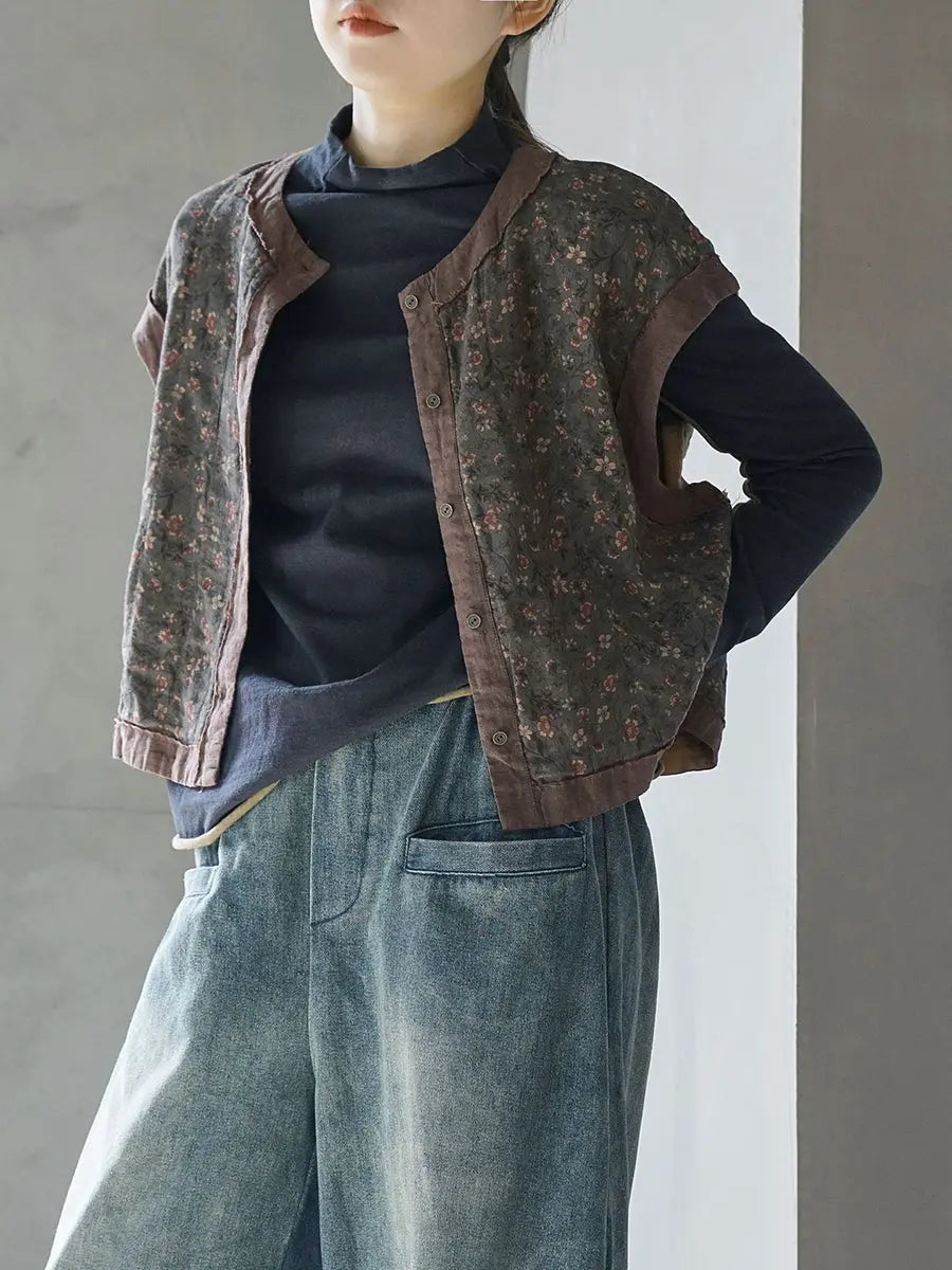 Women Vintage Floral Spliced Spring Cotton Vest Ada Fashion