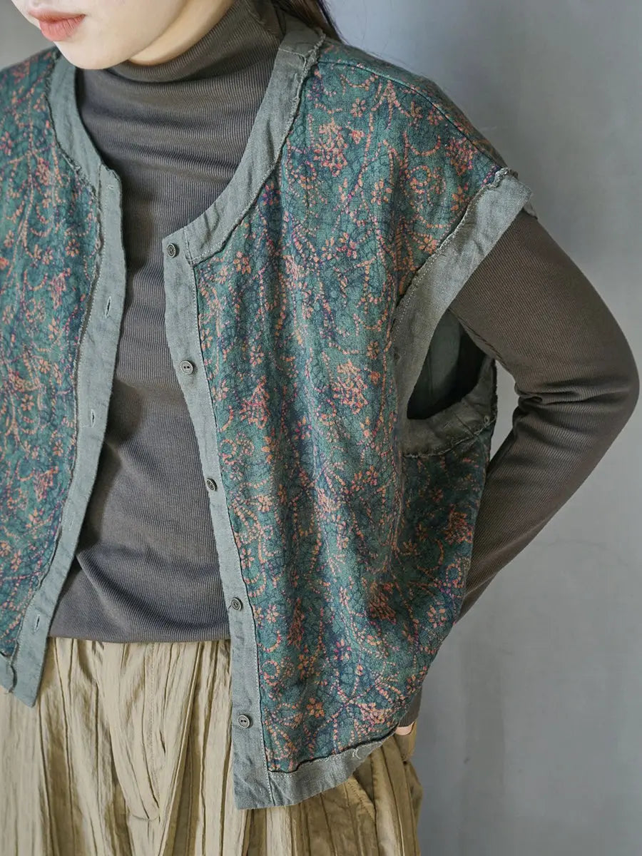 Women Vintage Floral Spliced Spring Cotton Vest Ada Fashion