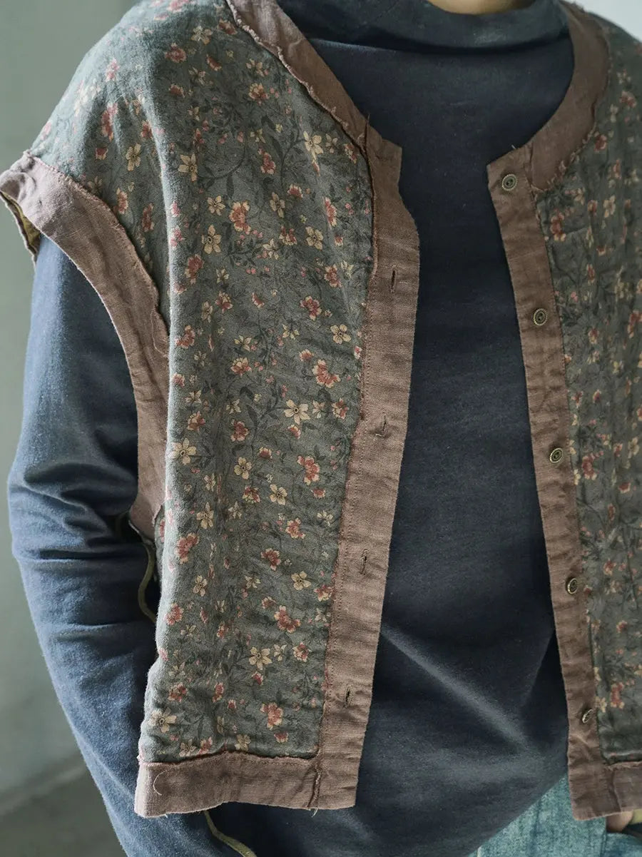 Women Vintage Floral Spliced Spring Cotton Vest Ada Fashion