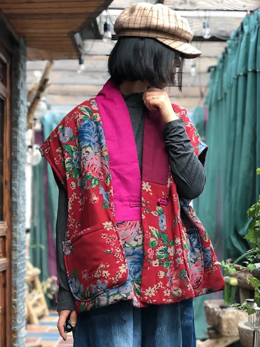 Women Vintage Floral Spliced V-neck Vest Coat Ada Fashion