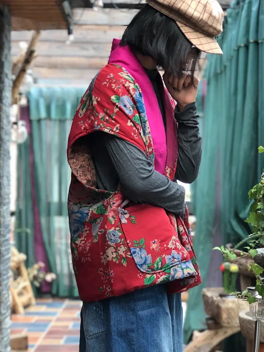 Women Vintage Floral Spliced V-neck Vest Coat Ada Fashion