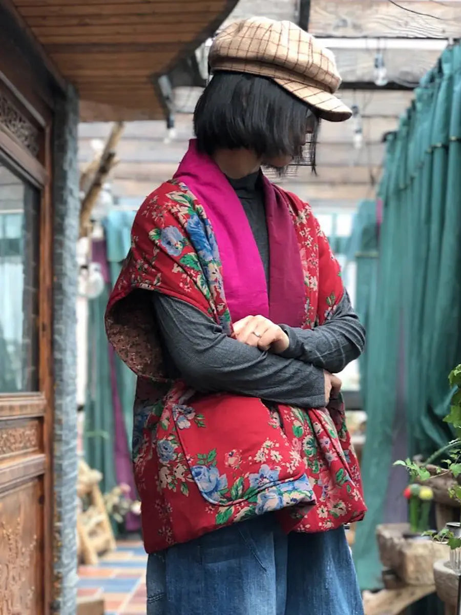Women Vintage Floral Spliced V-neck Vest Coat Ada Fashion