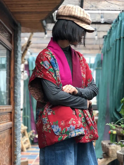 Women Vintage Floral Spliced V-neck Vest Coat Ada Fashion