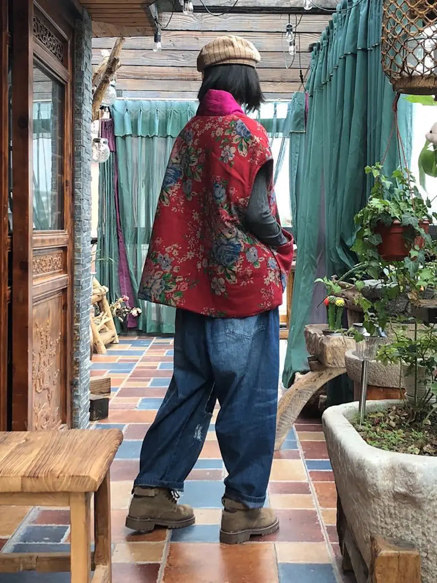 Women Vintage Floral Spliced V-neck Vest Coat Ada Fashion