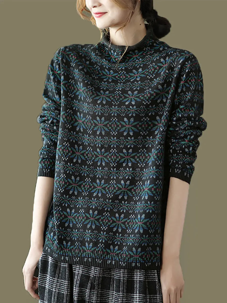 Women Vintage Floral Turtleneck Warm Pullover Sweater Ada Fashion