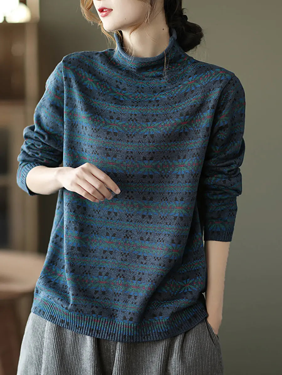 Women Vintage Floral Turtleneck Warm Pullover Sweater Ada Fashion