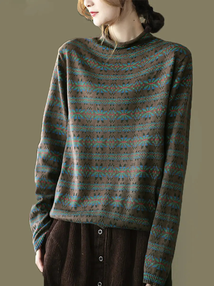 Women Vintage Floral Turtleneck Warm Pullover Sweater Ada Fashion