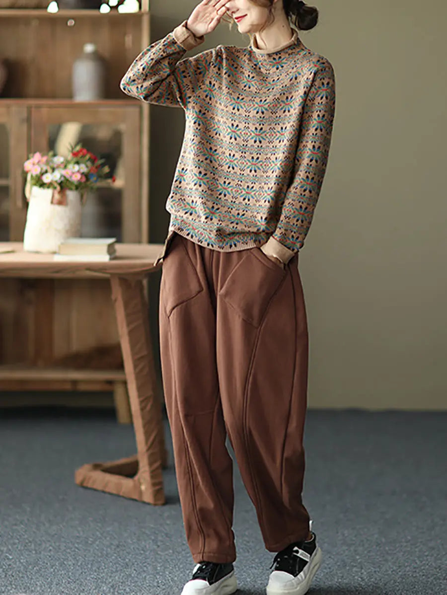 Women Vintage Floral Turtleneck Warm Pullover Sweater Ada Fashion