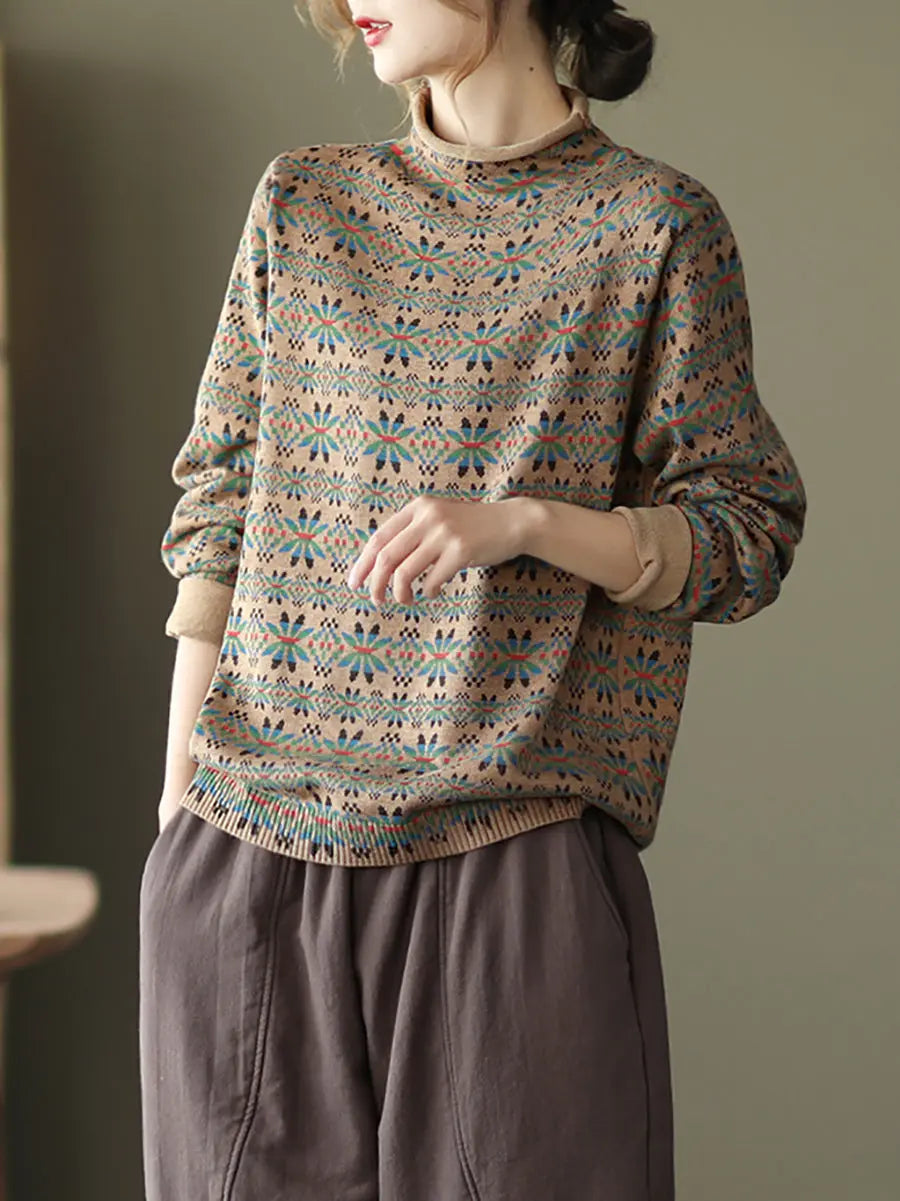 Women Vintage Floral Turtleneck Warm Pullover Sweater Ada Fashion