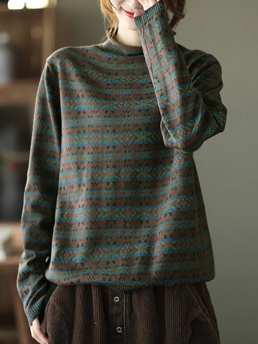 Women Vintage Floral Turtleneck Warm Pullover Sweater Ada Fashion
