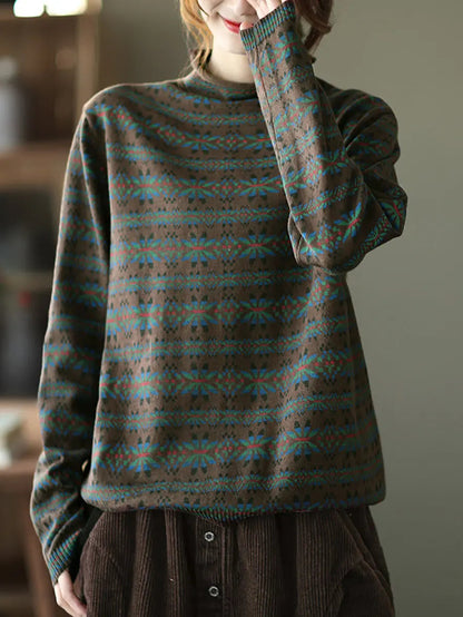 Women Vintage Floral Turtleneck Warm Pullover Sweater Ada Fashion