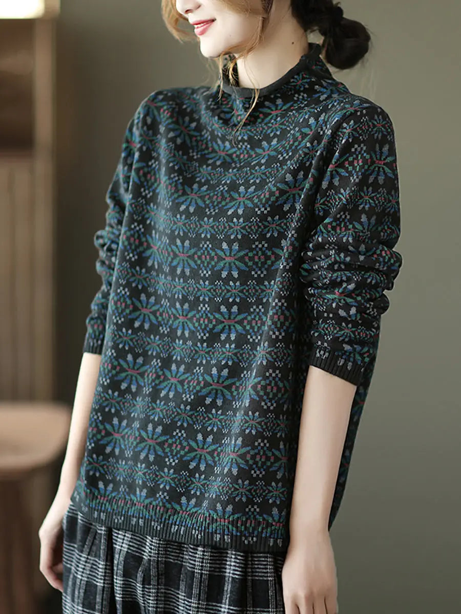 Women Vintage Floral Turtleneck Warm Pullover Sweater Ada Fashion