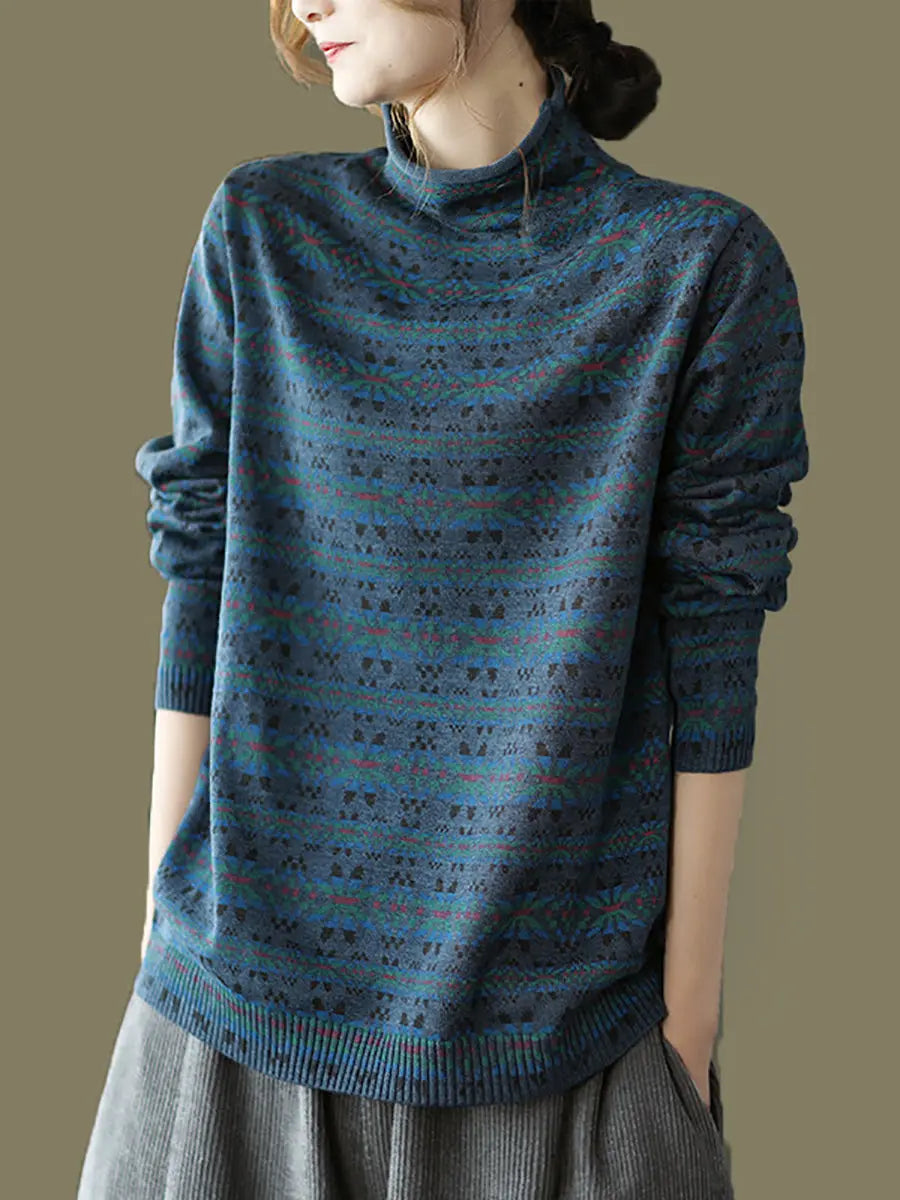 Women Vintage Floral Turtleneck Warm Pullover Sweater Ada Fashion