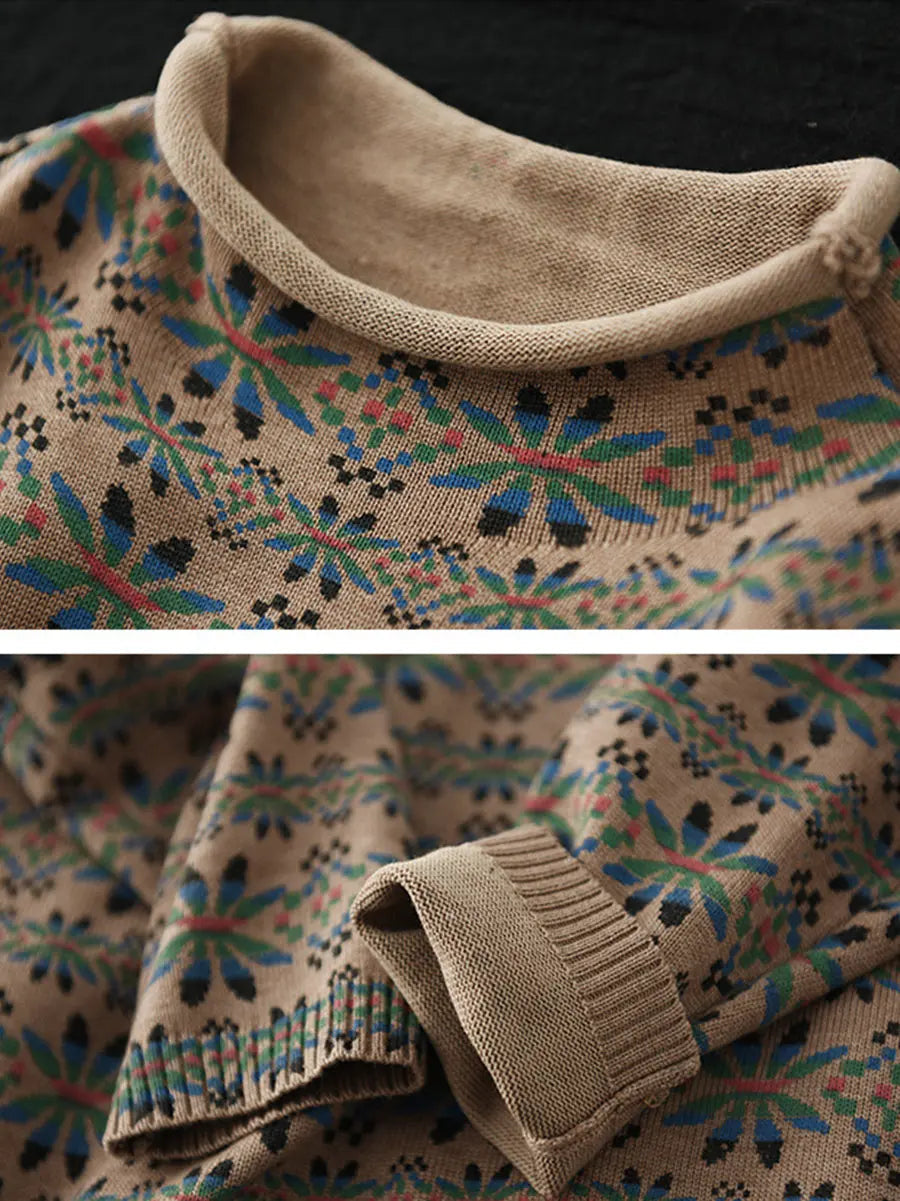 Women Vintage Floral Turtleneck Warm Pullover Sweater Ada Fashion