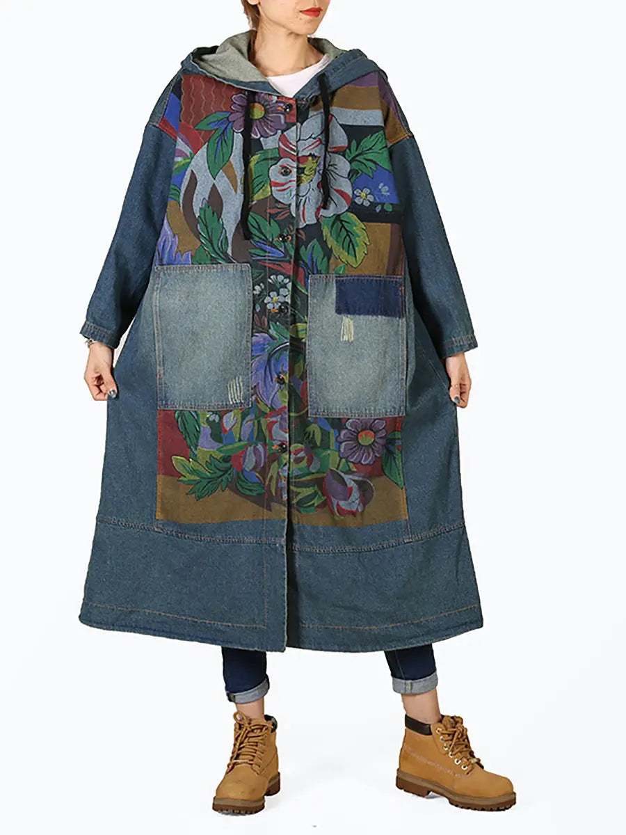 Women Vintage Flower Patch Spliced Deim Hooded Coat Ada Fashion