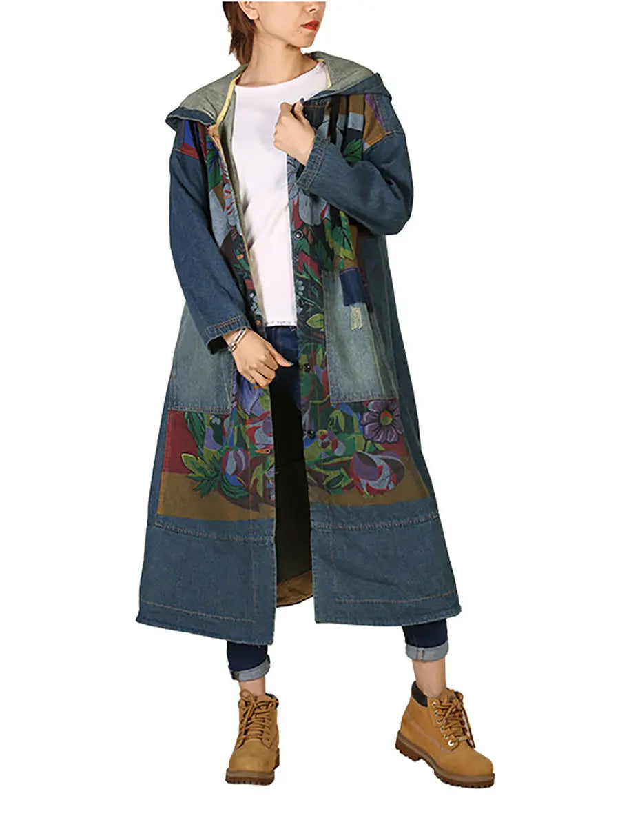 Women Vintage Flower Patch Spliced Deim Hooded Coat Ada Fashion