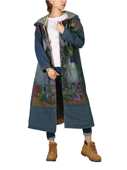 Women Vintage Flower Patch Spliced Deim Hooded Coat Ada Fashion
