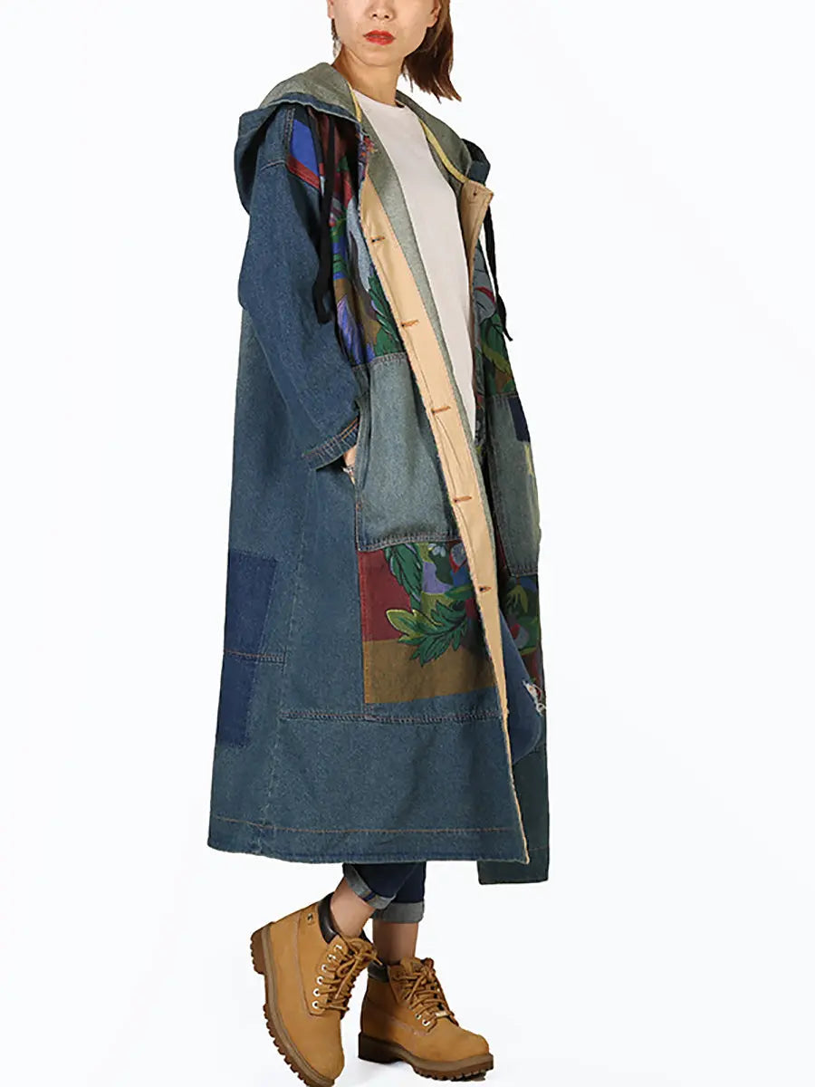 Women Vintage Flower Patch Spliced Deim Hooded Coat Ada Fashion