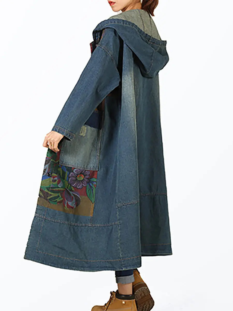 Women Vintage Flower Patch Spliced Deim Hooded Coat Ada Fashion