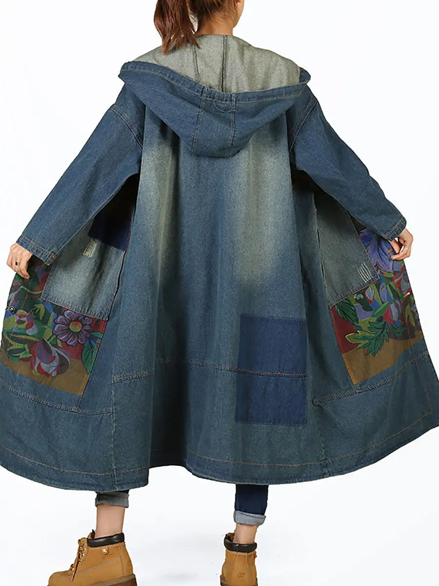 Women Vintage Flower Patch Spliced Deim Hooded Coat Ada Fashion
