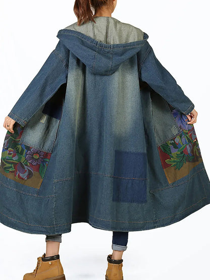 Women Vintage Flower Patch Spliced Deim Hooded Coat Ada Fashion
