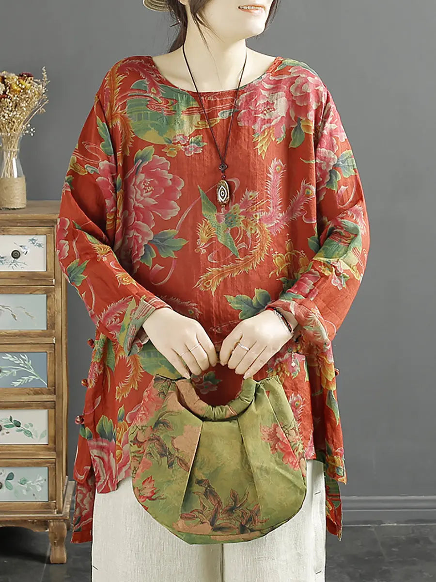 Women Vintage Flower Spring O-Neck Ramie Shirt Ada Fashion