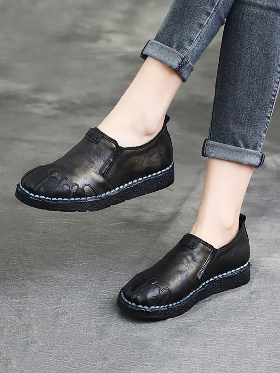 Women Vintage Leather Spliced Spring Flat Shoes Ada Fashion
