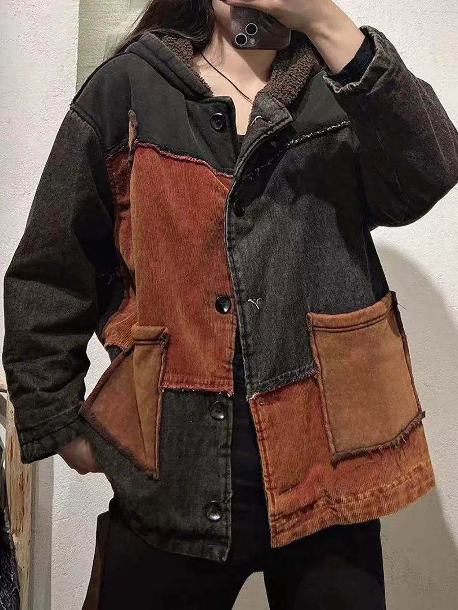 Women Vintage Patch Spliced Cotton Fleece-Lined Hooded Coat Ada Fashion