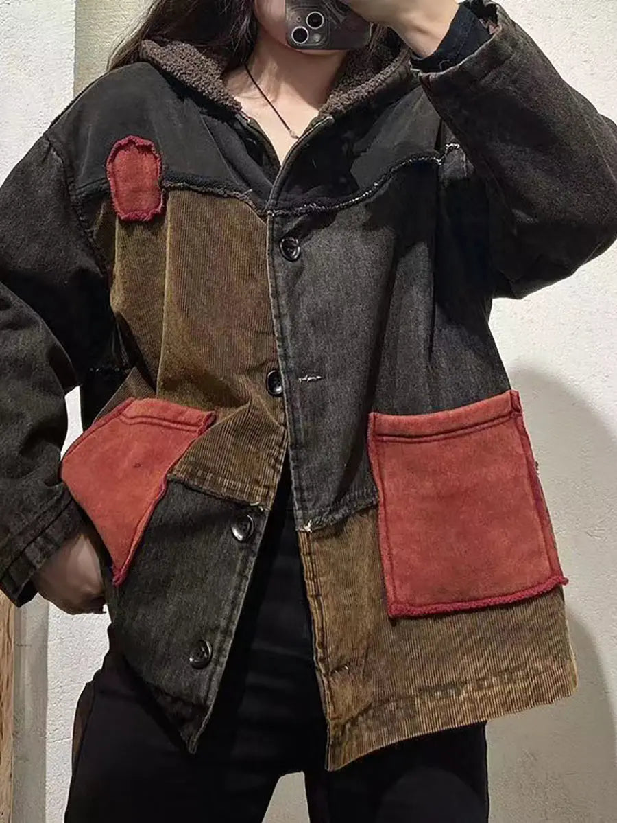Women Vintage Patch Spliced Cotton Fleece-Lined Hooded Coat Ada Fashion