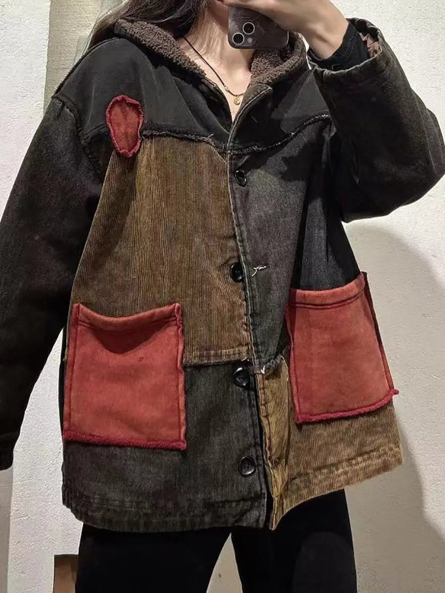 Women Vintage Patch Spliced Cotton Fleece-Lined Hooded Coat Ada Fashion