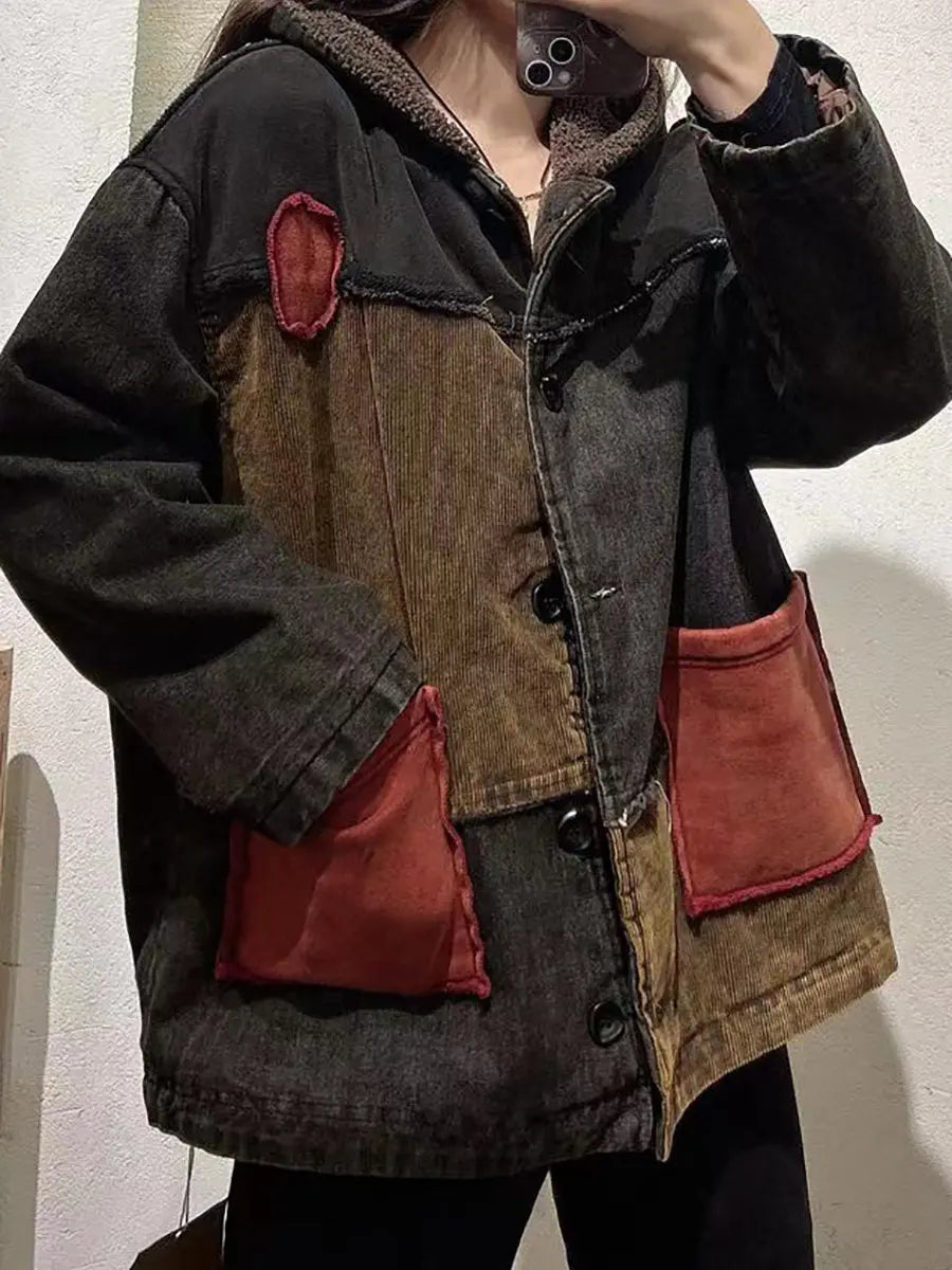 Women Vintage Patch Spliced Cotton Fleece-Lined Hooded Coat Ada Fashion