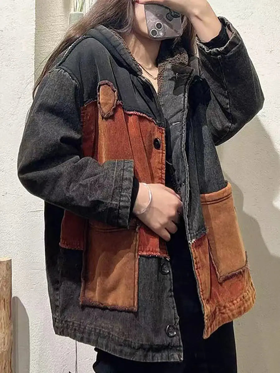 Women Vintage Patch Spliced Cotton Fleece-Lined Hooded Coat Ada Fashion
