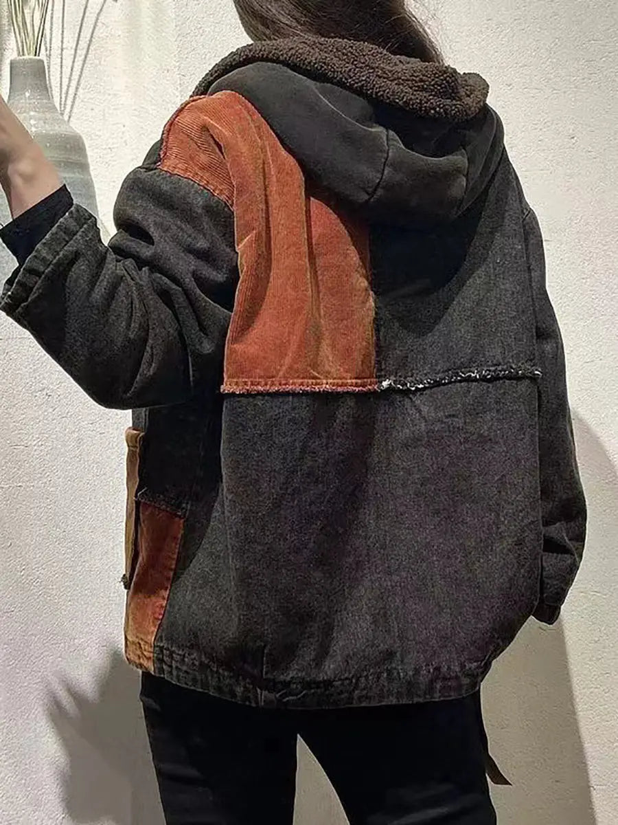 Women Vintage Patch Spliced Cotton Fleece-Lined Hooded Coat Ada Fashion