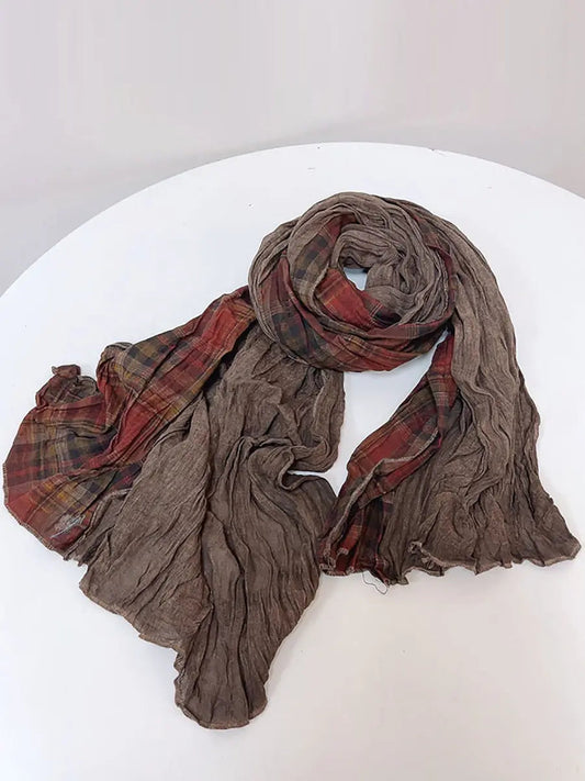 Women Vintage Plaid Spliced Cotton Scarf Ada Fashion