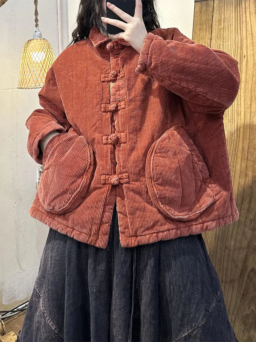 Women Vintage Solid Corduroy Buckle Shirt Coat Ada Fashion