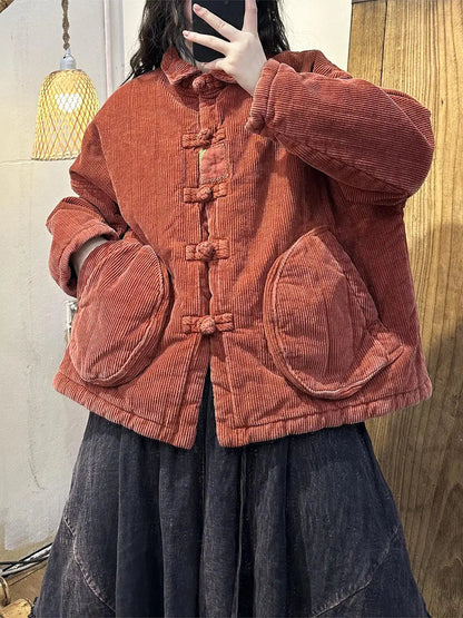 Women Vintage Solid Corduroy Buckle Shirt Coat Ada Fashion