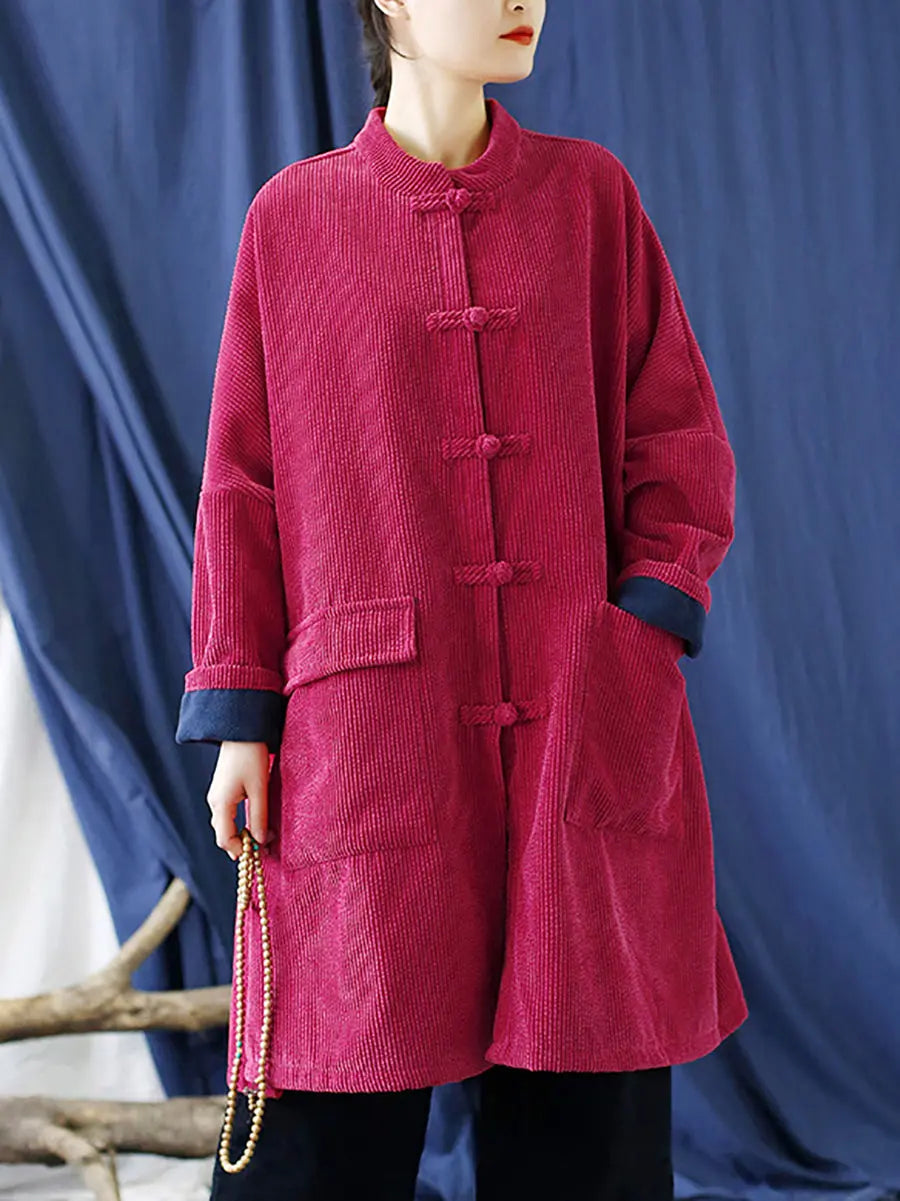 Women Vintage Solid Corduroy Long Winter Coat Ada Fashion