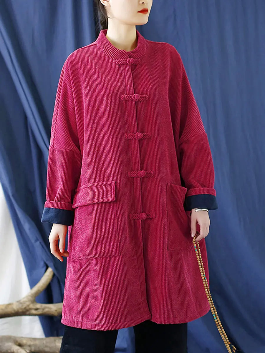 Women Vintage Solid Corduroy Long Winter Coat Ada Fashion