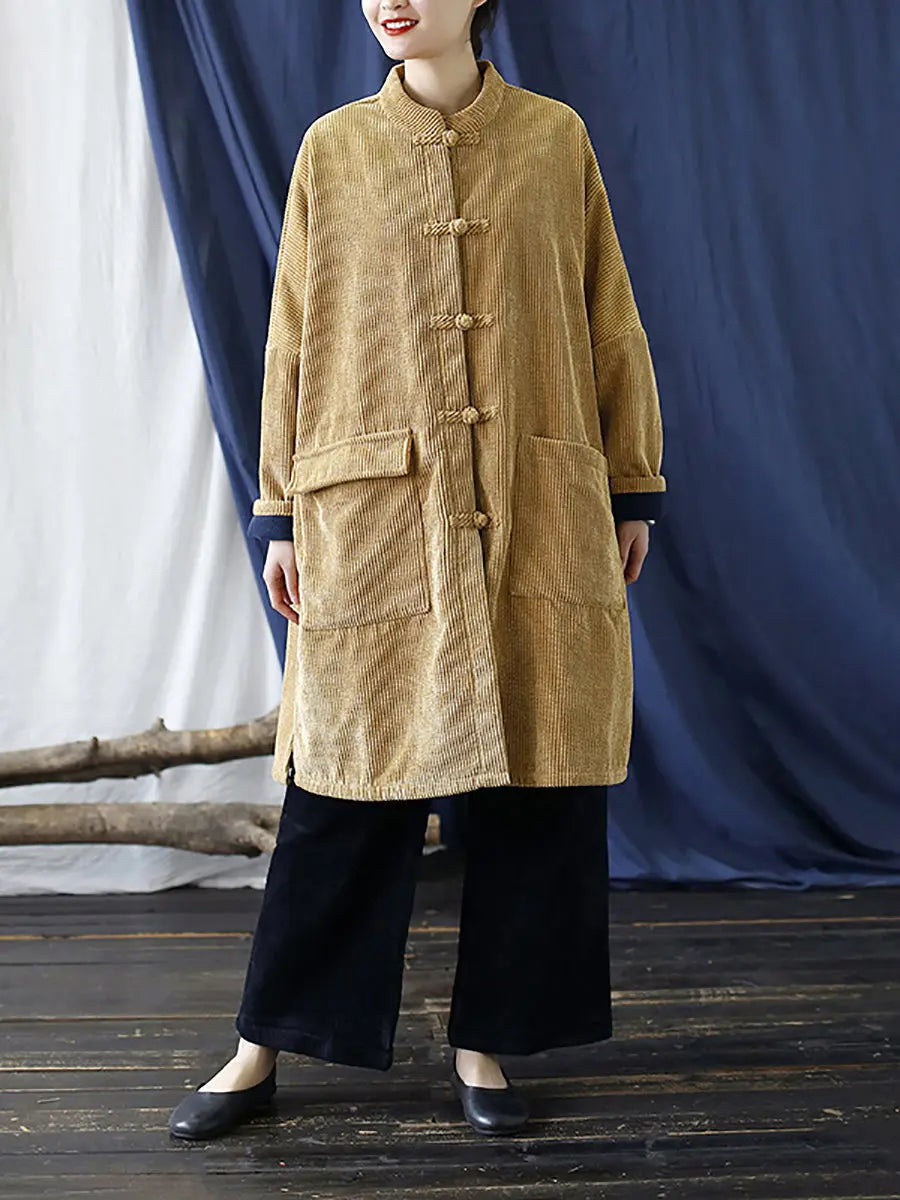 Women Vintage Solid Corduroy Long Winter Coat Ada Fashion