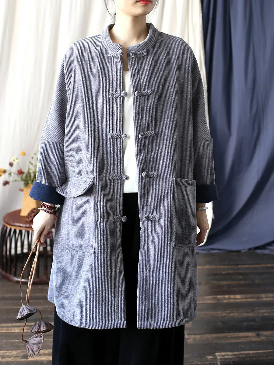 Women Vintage Solid Corduroy Long Winter Coat Ada Fashion