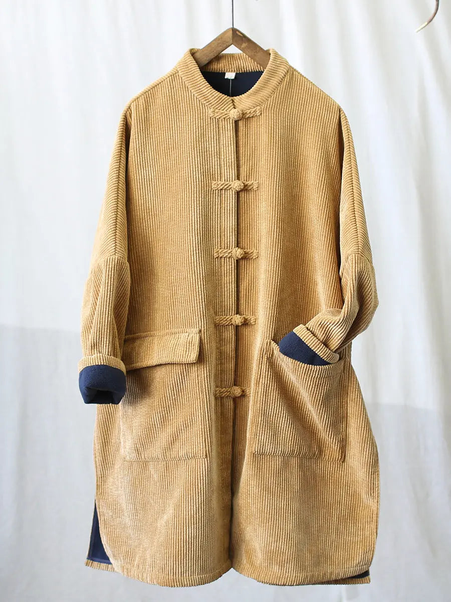 Women Vintage Solid Corduroy Long Winter Coat Ada Fashion